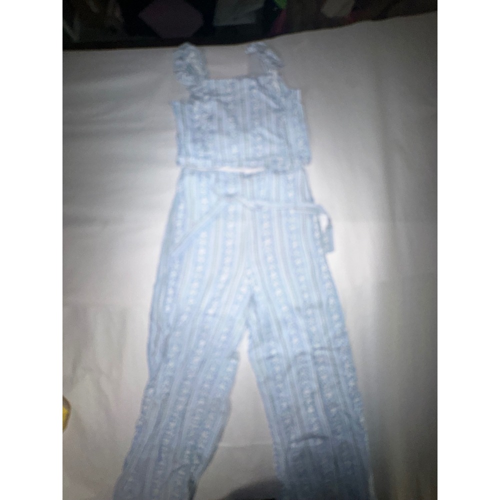 Btween Girls Blue White Floral Stripe Ruffle Crop Top and Wide Leg Pants Set 10